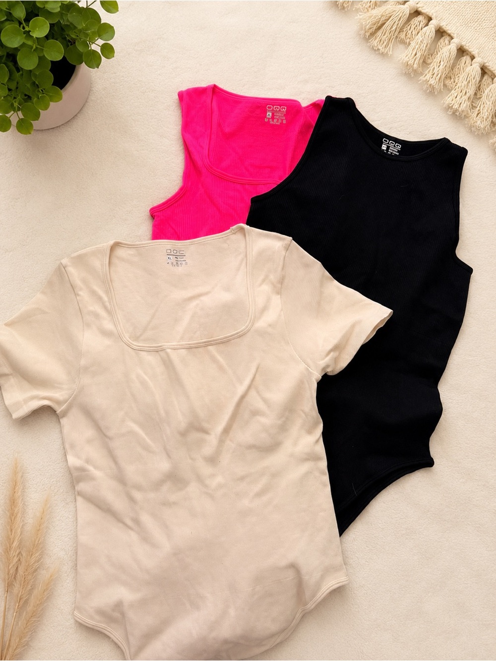 3-Pack OQQ Women’s Sleeveless & Short-Sleeve Bodysuits — Black, Hot Pink, Cream